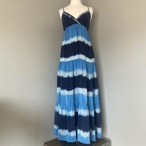 Gerard Darel Silk Maxi Navy Blue Striped Tiered Cocktail Flowy Printed Dress 6